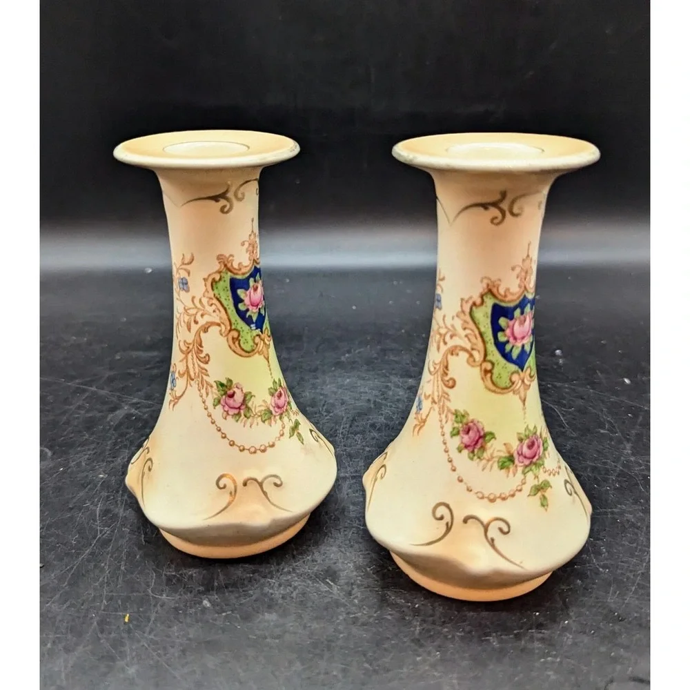 Antique Set/2 Crown Ducal Transferware Candle Sticks Flower Floral 5.5